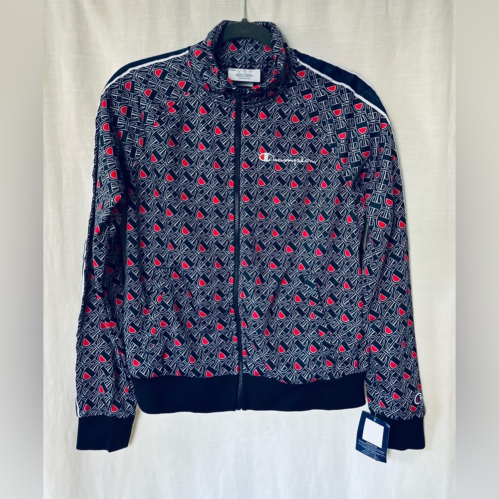 Champion NWT Blue Track Jacket with Red & White Geo Print‎ maximalist  monogram